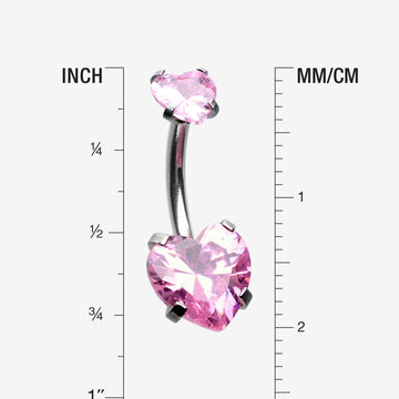 Detail View 1 of Double Heart Sparkle Prong Internally Threaded Belly Button Ring-Pink